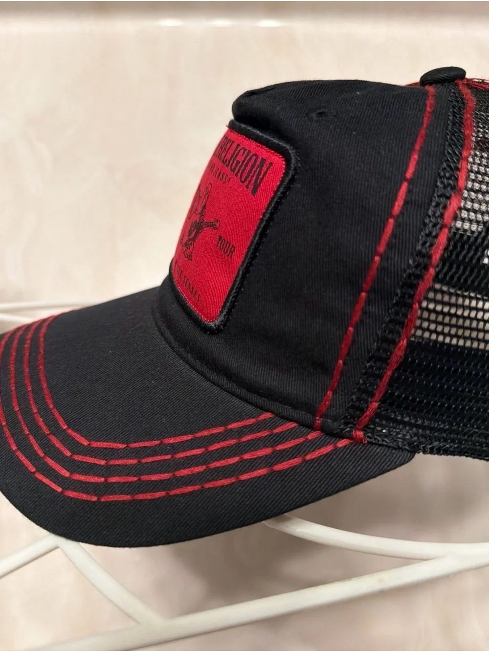 True Religion Black and Red Logo Patch Trucker Hat
